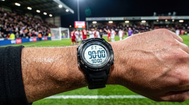 A close-up view of a sports watch displays the final minutes of a game