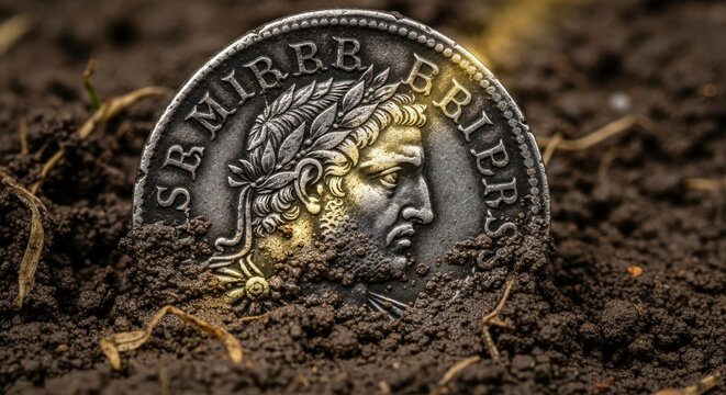 Tarnished Silver Coin with Laurel Wreath Profile in Soil