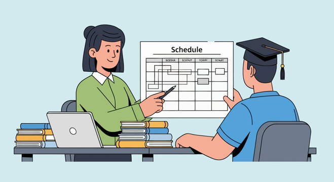 Advisor and student planning academic schedule with books and laptop