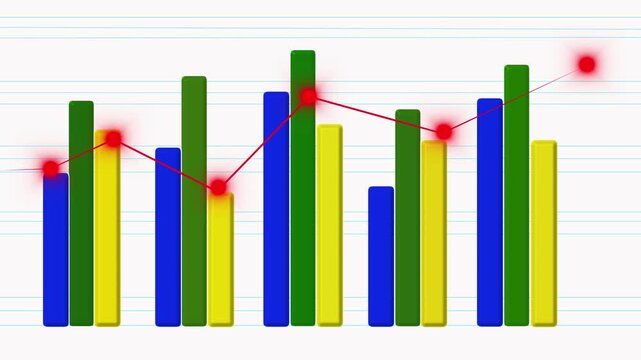 Colorful 3d bar chart with blue, green and yellow columns and red line plot with glowing points on lined background, showing business performance growth and analytics concept.