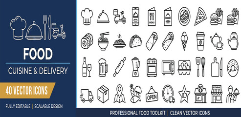 Obraz premium Professional Food Cuisine and Delivery Icon Toolkit - Scalable Vector Graphics for Restaurants and Food Businesses