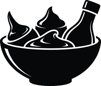 Black bowl with condiments and bottle white