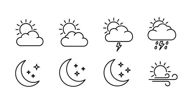 Weather icon set depicting various conditions using simplistic graphic design on white background