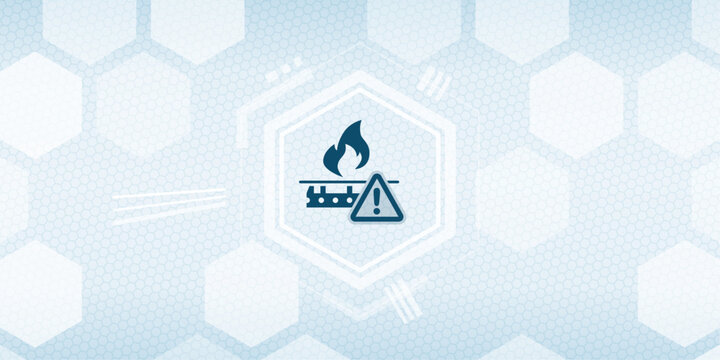 Industrial danger icon featuring a flame and warning sign on a technical hexagonal grid background representing fire safety and risk management in manufacturing environments.