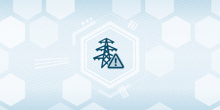 Conceptual graphic of a high voltage power transmission tower with an attention warning symbol on a digital futuristic hexagonal background representing power grid failure.