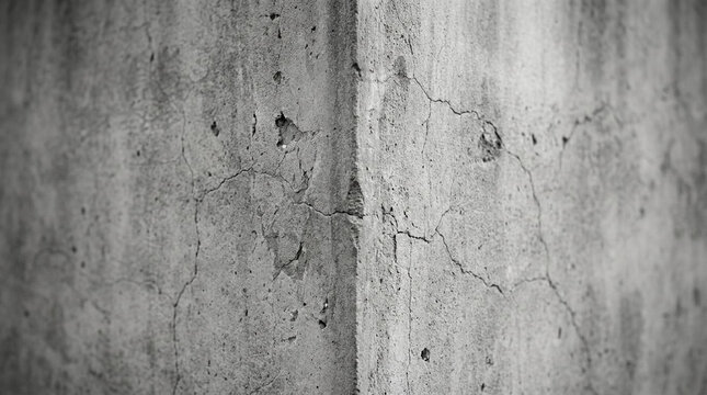 Close-up of cracked and weathered concrete wall in black and white texture
