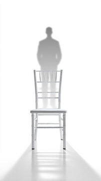 Empty white chiavari chair with blurred standing man silhouette and long shadow isolated
