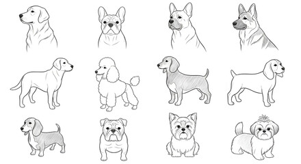Fototapeta premium A set of flat vector illustrations of popular dog breeds. Minimalistic black pencil drawing style. 