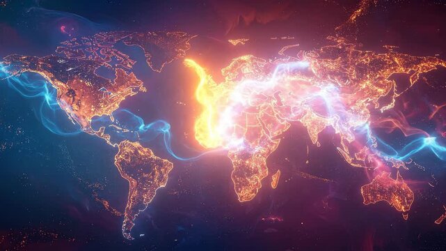 Colorful Digital World Map with Electric Lightning Effects.