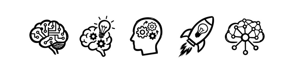 Hand-drawn icon set for innovation, artificial intelligence, and brainstorming. Features sketches of brain circuits, gears, a rocket ship, and neural network connectivity concepts. © Trends