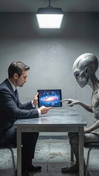 Businessman showing galaxy image on tablet to extraterrestrial being. Interstellar communication concept in dimly lit interrogation room. Lockdown shot.