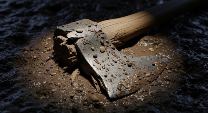 Broken battle axe head resting in dirt