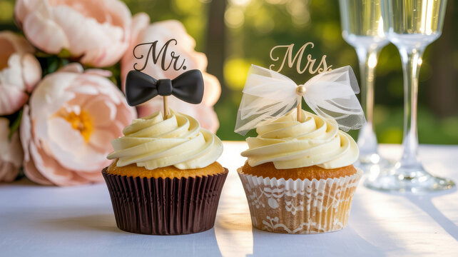 Two decorative wedding cupcakes featuring elegant mr and mrs toppers with a black bowtie and a delicate white lace bow