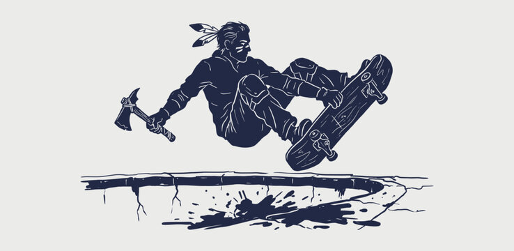 Indigenous skateboarder doing a trick in a dark blue minimalist vector for streetwear design