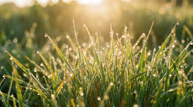 Golden morning dew on fresh green grass blades with sun flare bokeh