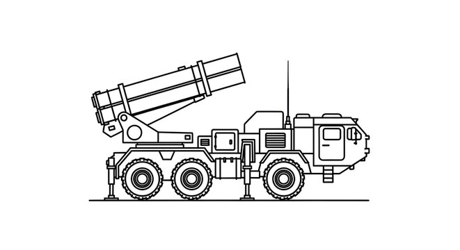 Mobile Multi-Launch Rocket System (MLRS) Military Vehicle Line Art Illustration for Coloring Page or Technical Design