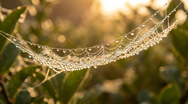 Morning dew on spider web with sunlight bokeh background in nature