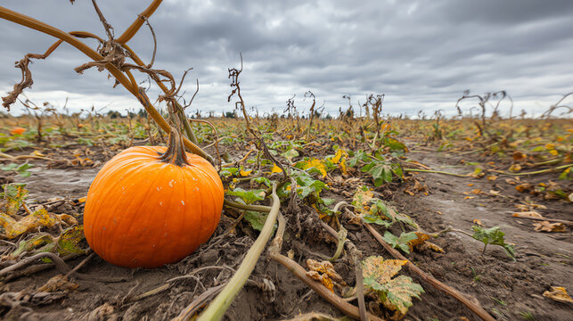 A vibrant orange pumpkin lies in a harvested field under a cloudy sky, embodying the spirit of autumn.