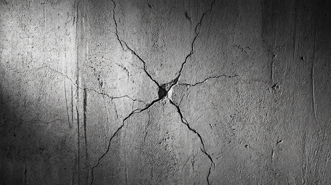 Cracked concrete wall with spiderweb texture in dramatic black and white lighting