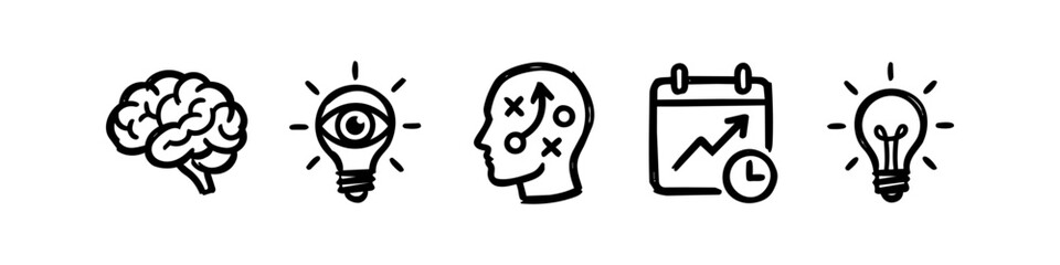 Set of hand-drawn business and creativity icons featuring a brain, lightbulb, strategy map, and calendar, representing productivity and innovation in a minimalist doodle style. © Trends