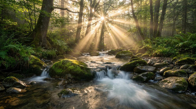 serene forest stream with sunbeams filtering through trees