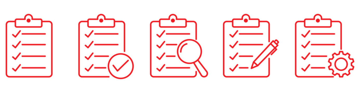 Clipboard and checklist with check boxes thin line icons set. Editable stroke. Vector illustration