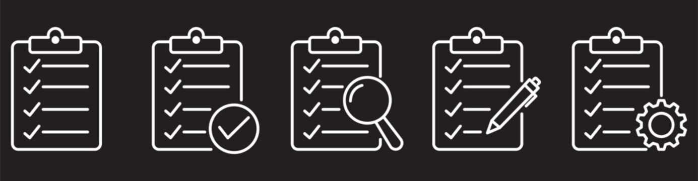 Clipboard and checklist with check boxes thin line icons set. Editable stroke. Vector illustration