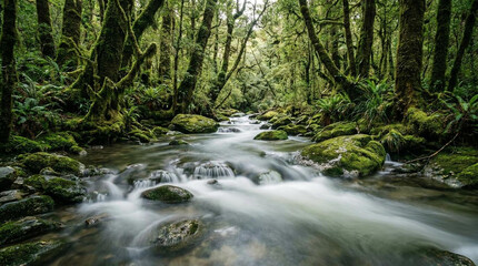 Fototapeta premium serene forest stream with mossy rocks and trees