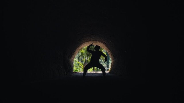A slow zoom-in on the silhouette of a man in a formidable pose at the entrance of a cave. This shot builds intensity, focusing on the concepts of power, determination, and emerging from darkness.