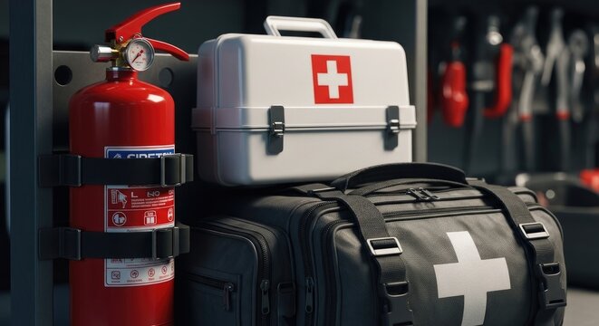 Red Fire Extinguisher Placed Beside Leather Bag