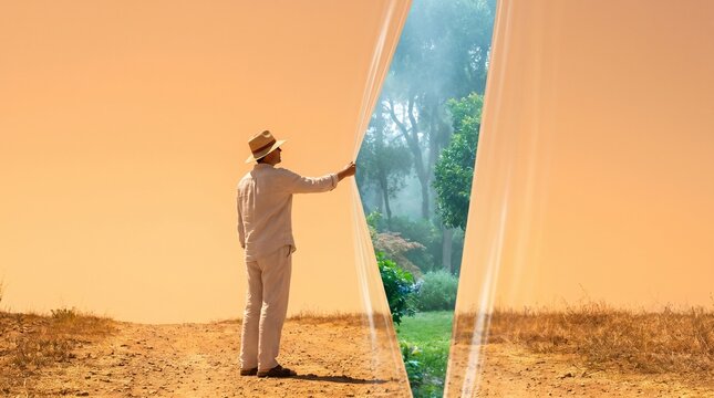 Conceptual art: Man revealing a lush green oasis behind an arid, dry desert landscape, symbolizing climate change, environmental restoration, and hope for a greener future.