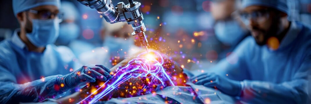 Robot assisted orthopedic knee procedure with glowing digital anatomy overlay