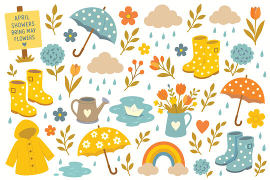 Spring April Showers May Flowers Umbrella Rain Boots Raincoat Rubber Boots Flower Garden Rainbow Clouds Rain Season Raindrop Rainy Shower Repeat Seamless Vector Print