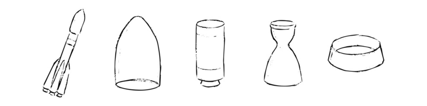 Hand-drawn black ink sketch of space rocket components: full rocket, nose cone, fuel tank, engine nozzle, and interstage. Minimalist aerospace icons isolated on white background.