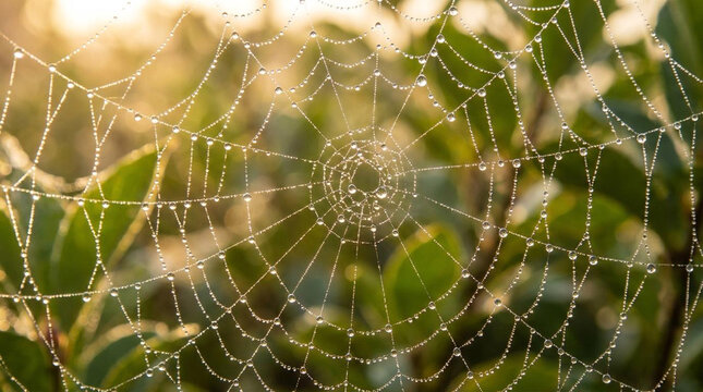 Close-up of dew-covered spider web in golden morning sunlight with green foliage background