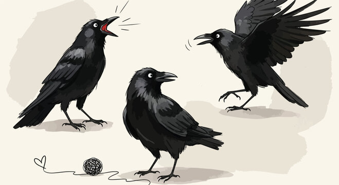 Three black crows in a dynamic illustration expressive and detailed