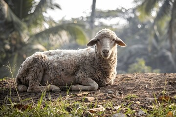 Obraz premium Sheep Resting on Rural Ground with Soft Natural Light in Tropical Countryside