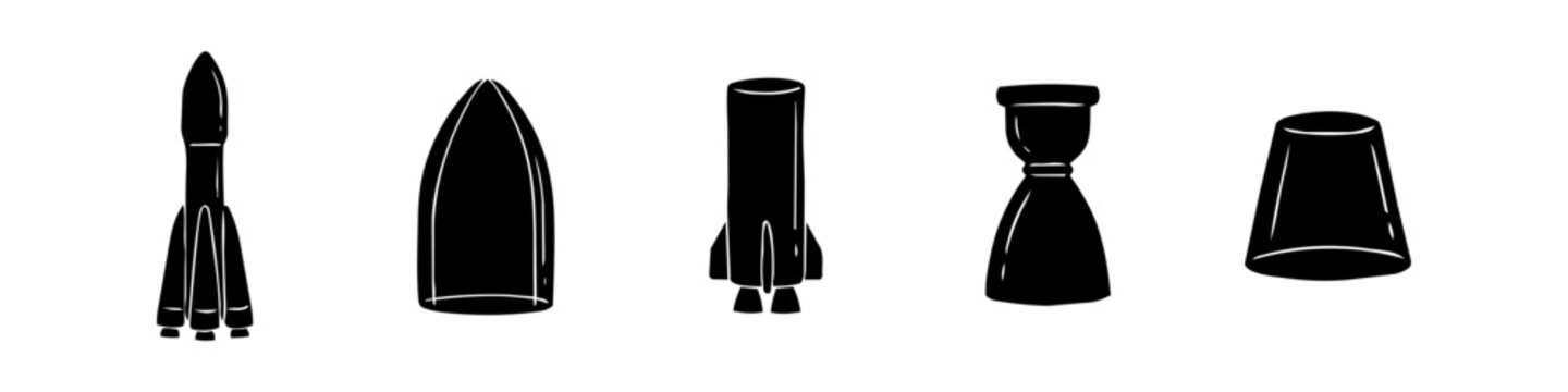 Set of black hand-drawn rocket silhouette icons, including full rocket, nose cone, booster stage, and engine nozzle, isolated on white background for space exploration designs.