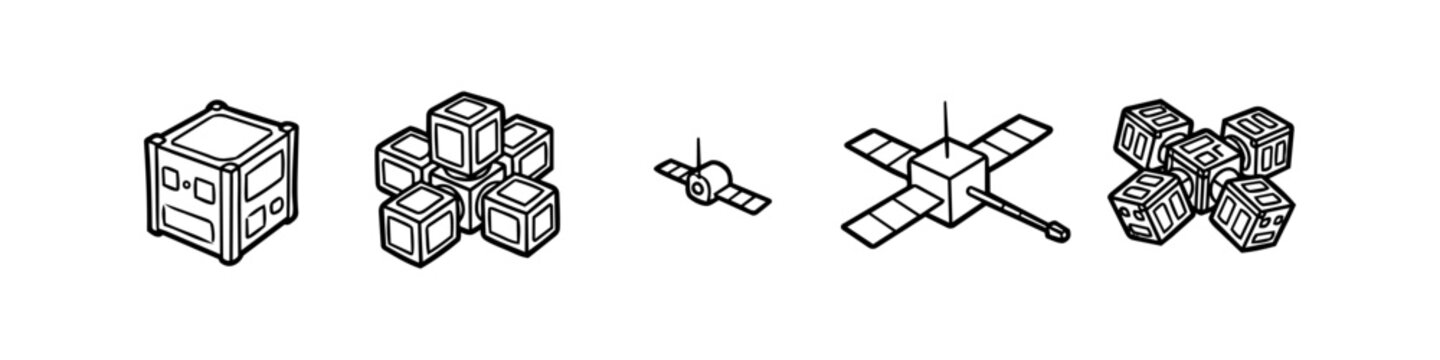 Set of isometric line art illustrations of CubeSats and modular nanosatellites, featuring various designs of small spacecraft and orbital components on a white background.