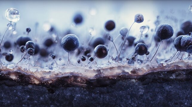 Microscopic fungal spores growing on decomposing organic matter