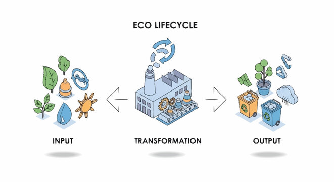 Eco lifecycle process diagram with input transformation and output stages.