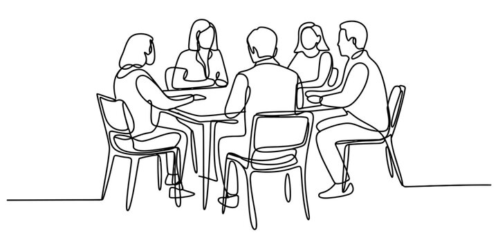 Group of business people having a professional meeting sitting at a table in a continuous one line drawing style illustration Vector, illustration