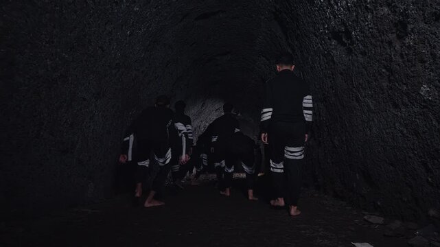 Following a group of barefoot men in identical costumes as they slowly advance into the pitch-black darkness of a cave, their movements synchronized and deliberate, creating a mysterious atmosphere.