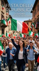 Obraz premium Crowd joyfully celebrating Italian Republic Day on June 2, waving country flag, a prominent national symbol representing collective patriotism and public festivity in Italy.