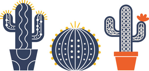 Abstract geometric cactus plant collection featuring dark blue texture design, succulent botanical illustration with minimalist geometric forms, isolated background houseplant concept,  © Dalim 4