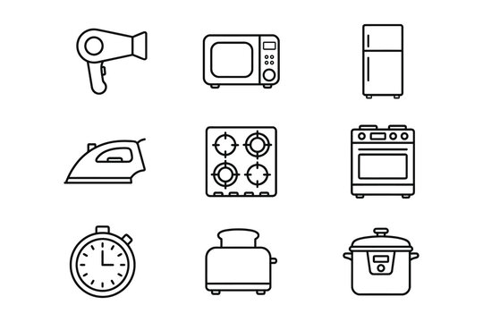 Modern minimalist line icons of home appliances and kitchen tools vector illustration set