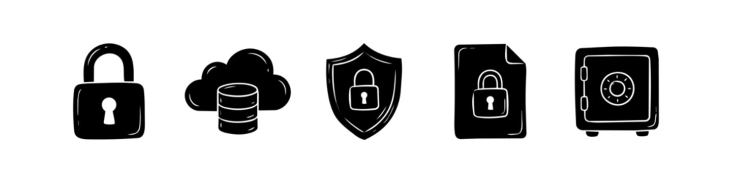 Set of hand-drawn black icons for cyber security and data protection, featuring a padlock, cloud database, shield, secure document, and a vault on a white background.