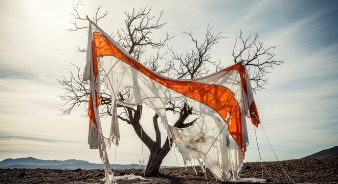 Torn orange and white parachute fabric draped on barren tree