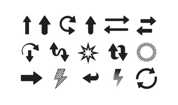 Abstract symbols including lightning bolts arrows and starburst for graphic design elements.