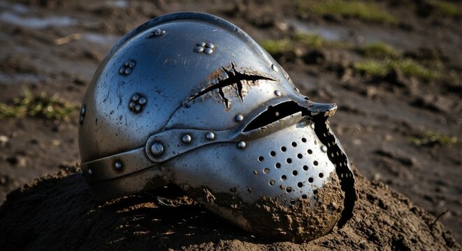 A dented iron medieval helmet with broken nasal guard